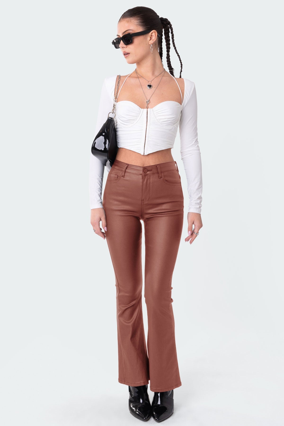 Petite Luna Faux Leather Mid Rise Flared Jeans