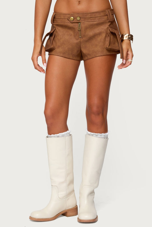 Washed Faux Leather Micro Cargo Shorts