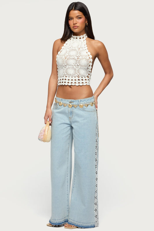 Backless Crochet High Neck Halter Top