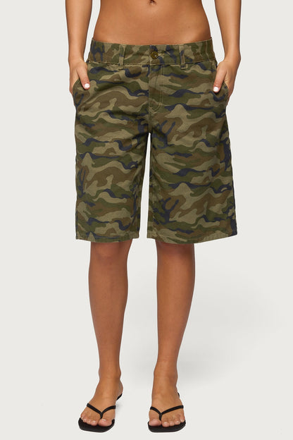 Camo Denim Low Rise Bermuda Shorts