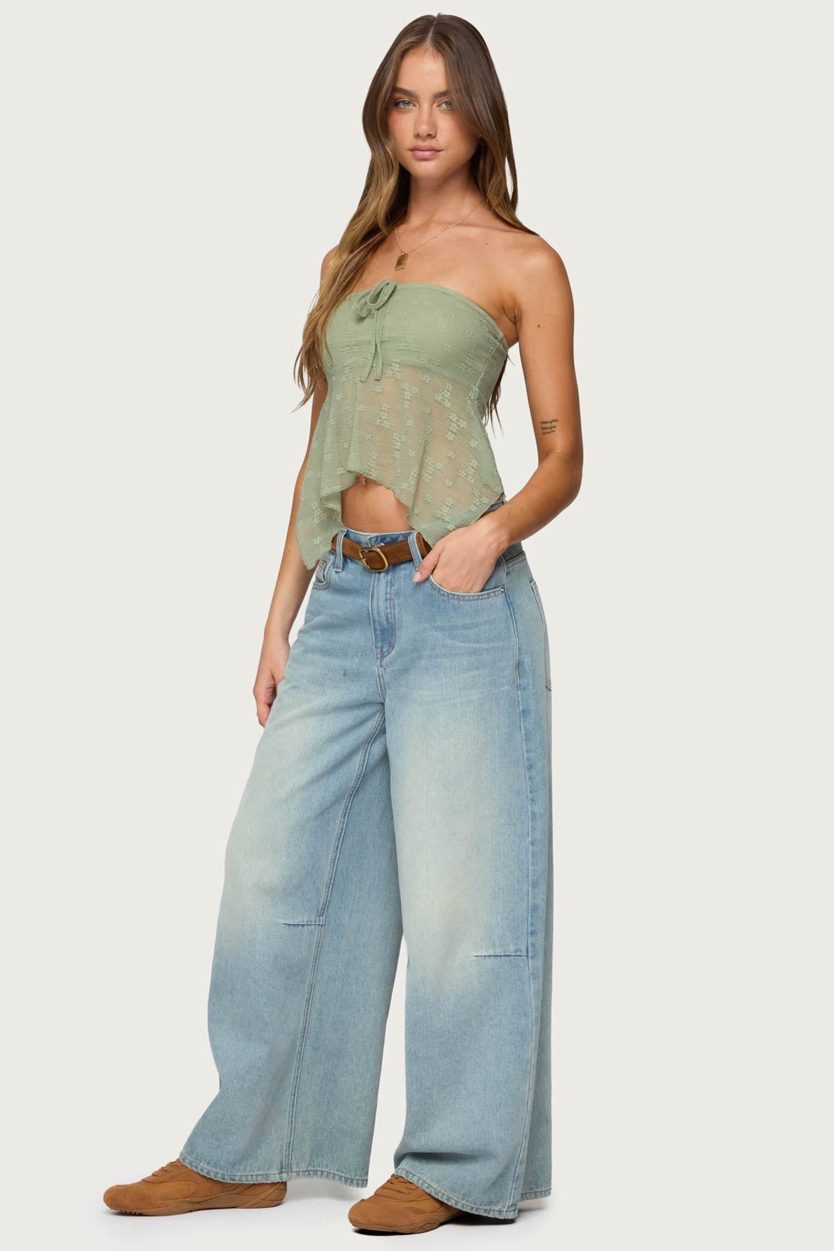 Embroidered Sheer Strapless Top