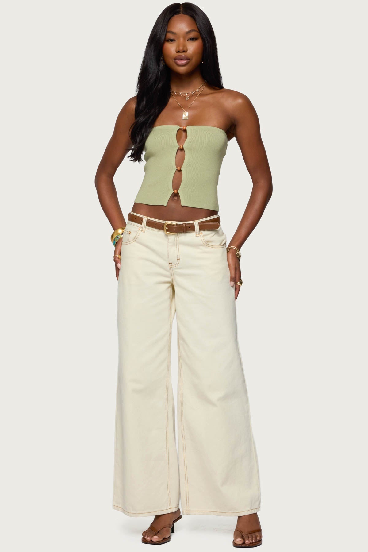 Bead Cut Out Strapless Knit Top