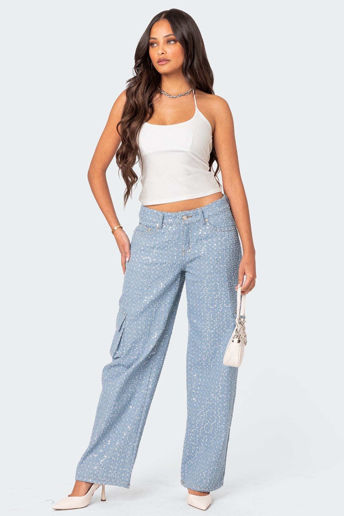 Icing Sequin Low Rise Baggy Cargo Jeans