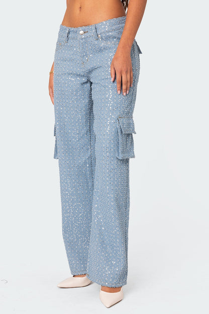 Icing Sequin Low Rise Baggy Cargo Jeans