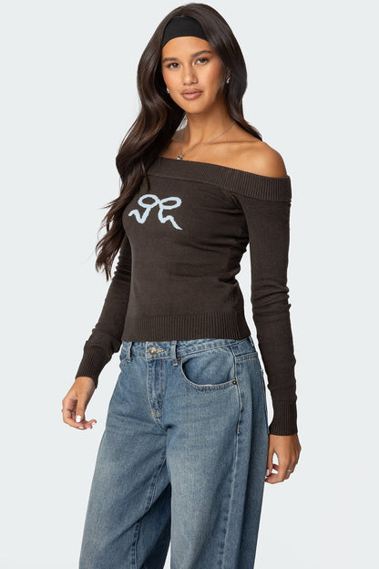 Tj Off Shoulder Knit Bow Top