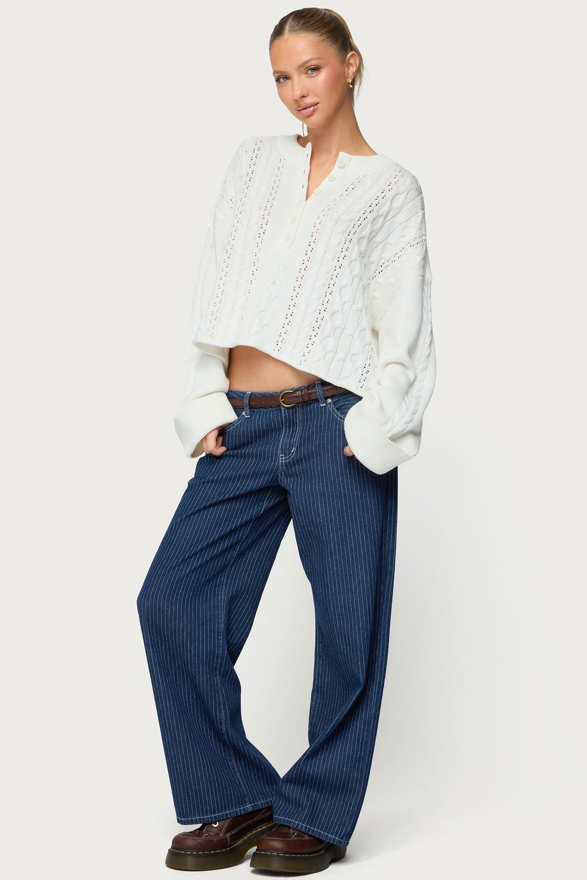 Petite Pinstripe Low Rise Baggy Jeans