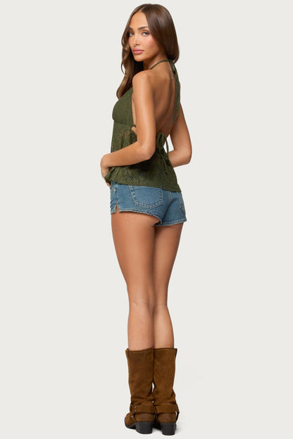 Sheer Crochet Babydoll Halter Top