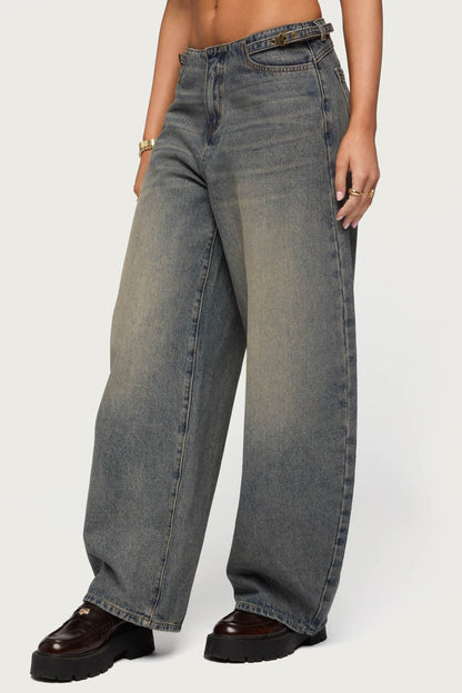 Side Belt Low Rise Barrel Jeans