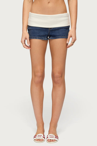 Contrast Foldover Denim Micro Shorts